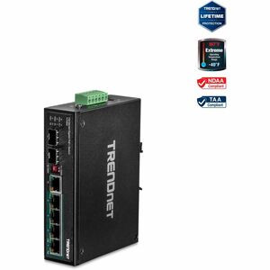 TRENDnet 6-Port Hardened Industrial Gigabit PoE+ DIN-Rail Switch, 4 x Gigabit PoE+ Ports, Shared Gigabit Port (RJ-45/SFP), Dedicated SFP, 120W Power Budget, IP30, Lifetime Protection, Black, TI-PG62 - 6-Port Industrial Gigabit PoE+ DIN-Rail Network S