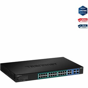 TRENDnet 28-Port Web Smart PoE+ Switch; 24 x Gigabit PoE+ Ports; 4 x Shared Gigabit Ports (RJ-45 or SFP); VLAN; QoS; LACP; IPv6 Support; 370W PoE Power Budget; Lifetime Protection; TPE-5028WS - 28-Port Gigabit Web Smart PoE+ Switch (370W)