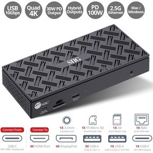 SIIG USB-C Quad Hybrid 4K Video Docking Station with 100W PD - USB-C Quad Hybrid Docking station- Quad displays - 4x DisplayPort and/or 4x HDMI monitors at 4K60Hz - 100W Power Delivery for USB Type-C / Thunderbolt 3 laptop - 2.5G Ethernet - USB-A Hub