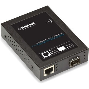 Black Box Gb ETH PoE+ MED CONV 10/100/1000-Mbps COP to 1000-Mbps FBR SFP - Network (RJ-45) - 1x PoE+ (RJ-45) Ports - Multi-mode, Single-mode - Gigabit Ethernet - 10/100/1000Base-T, 1000Base-SX/LX - 1 x Expansion Slots - SFP (mini-GBIC) - 1 x SFP Slot