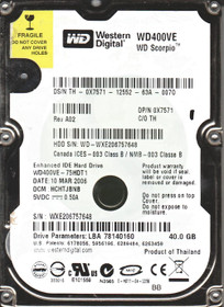 WESTERN DIGITAL WD400VE SCORPIO 40GB 5400RPM EIDE 8MB BUFFER 2.5 INCH ULTRA SLIM LINE NOTEBOOK DRIVE. REFURBISHED. IN STOCK.