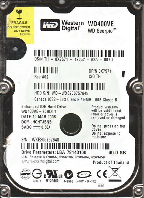 WESTERN DIGITAL WD400VE SCORPIO 40GB 5400RPM EIDE 8MB BUFFER 2.5 INCH ULTRA SLIM LINE NOTEBOOK DRIVE. REFURBISHED. IN STOCK.