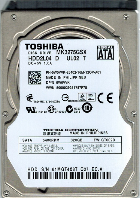 TOSHIBA MK3275GSX 320GB 5400RPM 8MB BUFFER 2.5INCH SATA-II HARD DISK DRIVE. REFURBISHED. IN STOCK.
