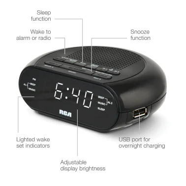 New RCA Digital Radio Alarm Clock RCARCS27 With Soothing Sounds, Brightness Control, USB Charging Port And Battery Backup.US