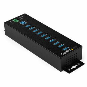 StarTech.com 10 Port USB Hub w/ Power Adapter - Metal Industrial USB 3.0 Data Hub - Din Rail, Wall & Desk Mount USB 3.2 Gen 1 5Gbps Hub - Industrial USB 3.0 hub w/ rugged metal housing. 15kV/8kV ESD protection and 350W surge protection. Mountable to 