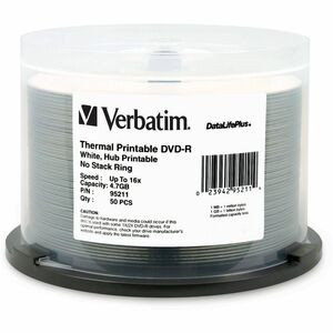 Verbatim DVD-R 4.7GB 16X DataLifePlus White Thermal Printable, Hub Printable - 50pk Spindle - 4.7GB - 50 Pack