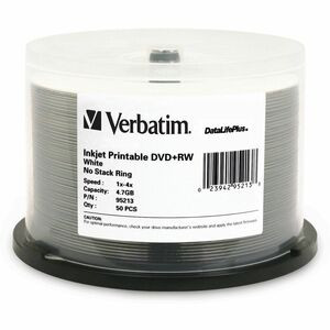 Verbatim DVD+RW 4.7GB 4X DataLifePlus White Inkjet Printable - 50pk Spindle - 4.7GB - 50 Pack