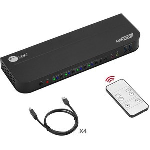 SIIG 4x1 DisplayPort 4K KVM USB 3.0 Switch with Remote Control - Allows you to control 4 DisplayPort 1.4 computers using one keyboard and mouse, DP 1.4/8K@30, HDMI 4K@60, USB 3.0 ports, 3.5mm Phone & Mic Jacks, Switch Button, Hotkeys, Remote Control