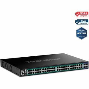 TRENDnet 52-Port Gigabit Web Smart PoE+ Switch with 10G SFP+ Slots - 48 Ports - Manageable - Gigabit Ethernet, 10 Gigabit Ethernet - 1000Base-T, 10GBase-X - TAA Compliant - 2 Layer Supported - Modular - 57.40 W Power Consumption - 410 W PoE Budget - 