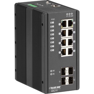Black Box Hardened Managed Ethernet Switch - 8 Ports - Manageable - Gigabit Ethernet - 1000Base-X, 10/100/1000Base-T - 2 Layer Supported - 4 SFP Slots - 14 W Power Consumption - 265 W PoE Budget - Twisted Pair, Optical Fiber - PoE Ports - Wall Mounta