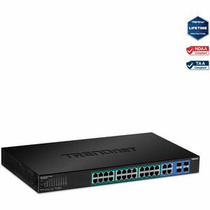 TRENDnet 28-Port Gigabit Web Smart PoE+ Switch, 24 x Gigabit Ports, 4 x Shared Gigabit Ports (RJ-45 or SFP), 185W PoE Budget, 56Gbps Switching Capacity, Lifetime Protection, Black, TPE-2840WS - 24-port Gigabit Web Smart PoE Switch plus 4 SFP slots