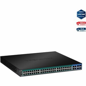 TRENDnet 52-Port Gigabit Web Smart PoE+ Switch, 48 Gigabit PoE+ Ports, 4 Shared Gigabit Ports (RJ-45 Or SFP), 370W PoE Power Budget, 104Gbps Switching Capacity, Lifetime Protection, Black, TPE-5240WS - 52-Port Gigabit Web Smart PoE+ Switch
