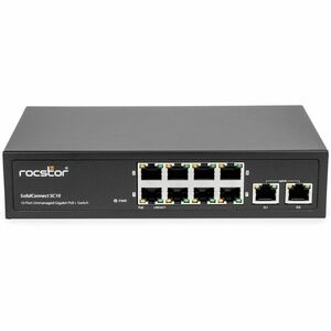 Rocstor 10-Port Gigabit Desktop Switch with 8-Port PoE+, 2x Gigabit RJ45 Uplink Port - 10 Ports - Gigabit Ethernet - 10/100/1000Base-T, 1000Base-X - TAA Compliant - 2 Layer Supported - Modular - 105 W PoE Budget - Twisted Pair - PoE Ports - 1U High -