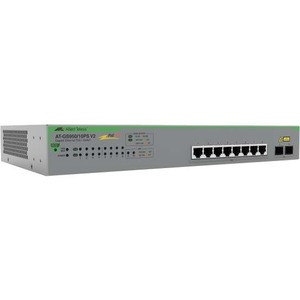 Allied Telesis GS950/10PS V2 Ethernet Switch - 8 Ports - Manageable - Gigabit Ethernet - 10/100/1000Base-T, 100/1000Base-X - 2 Layer Supported - Modular - 2 SFP Slots - 25 W Power Consumption - 75 W PoE Budget - Twisted Pair, Optical Fiber - PoE Port