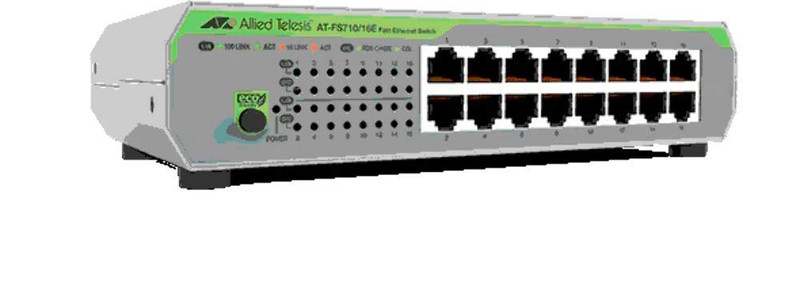 Allied Telesis AT-FS710/16E-60 Ethernet Switch - 16 Ports - Fast Ethernet - 10/100Base-TX - 2 Layer Supported - 4.50 W Power Consumption - Twisted Pair - Desktop