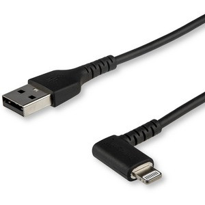 StarTech.com 1m USB A to Lightning Cable iPhone iPad Durable Right Angled 90 Degree Black Charger Cord w/Aramid Fiber Apple MFI Certified - Aramid fiber shelters 3.3ft heavy duty USB-A to lightning cable from stress of bends/twists - Right angled con