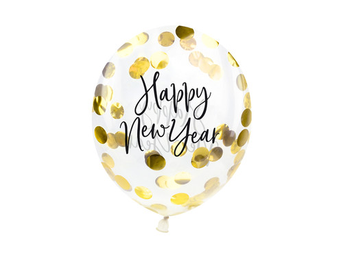 Balony z konfetti - Happy New Year, 27cm, złoty
