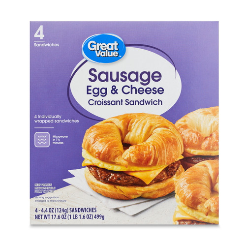 Great Value Croissant Sandwiches Sausage Egg and Cheese, 4.4 oz Size, 4 Count (Frozen)