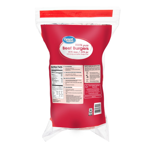 Great Value Beef Burgers, 80% Lean/20% Fat, 3 lbs, 12 Count (Frozen)