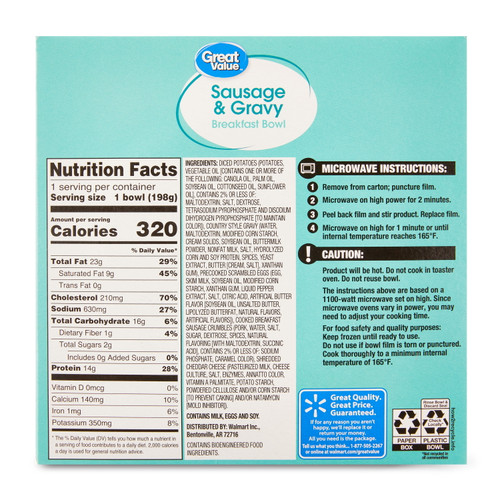 Great Value Sausage & Gravy Breakfast Bowl, 7 oz (Frozen)