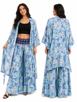 Blue Sari Silk Long Kimono + Flared Pant Set.