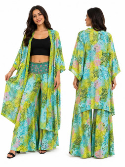 Green Sari Silk Long Kimono + Flared Pant Set.