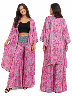 Pink Sari Silk Long Kimono + Flared Pant Set.