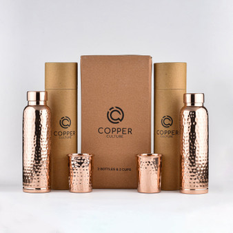 Hammered Copper Gift Set - 2 Bottles & 2 Cups