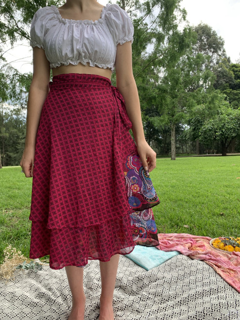 Fair Trade Paisley Magenta Upcycled Fabric Wrap Skirt