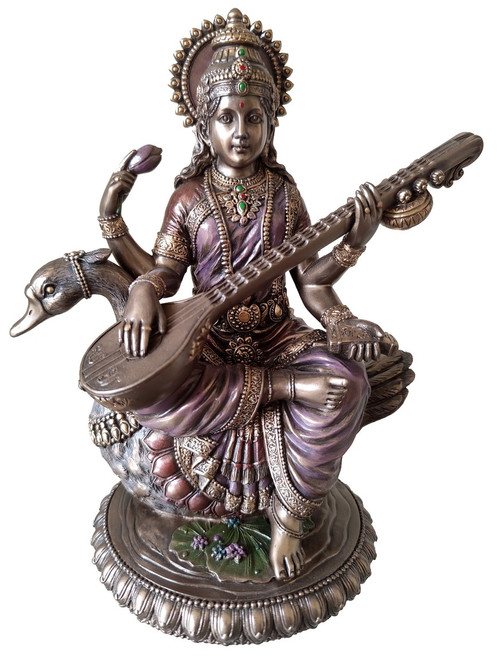 Cold Cast Bronze Statue Saraswati in Swan - Goddess of knowledge
