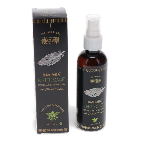 Banjara White Sage Smudge Spray in a 100ml bottle is a convenient alternative to traditional smudging, perfect for cleansing spaces and removing negative energy.