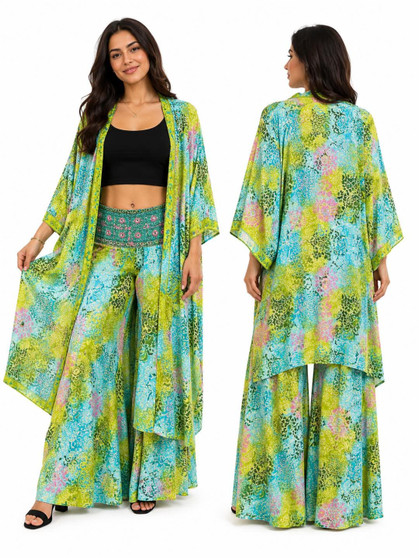 Green Sari Silk Long Kimono + Flared Pant Set.