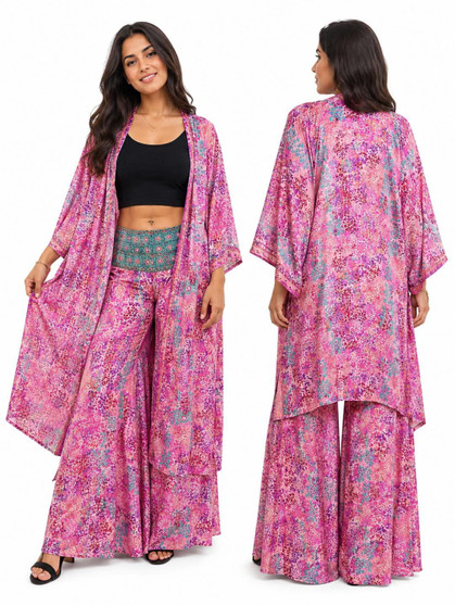 Pink Sari Silk Long Kimono + Flared Pant Set.