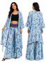 Blue Sari Silk Long Kimono + Flared Pant Set.