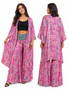 Pink Sari Silk Long Kimono + Flared Pant Set.