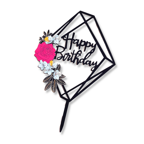 Acrylic Cake Topper For Any Age Happy Birthday With Floral Design Black Square Party Decoration Idea