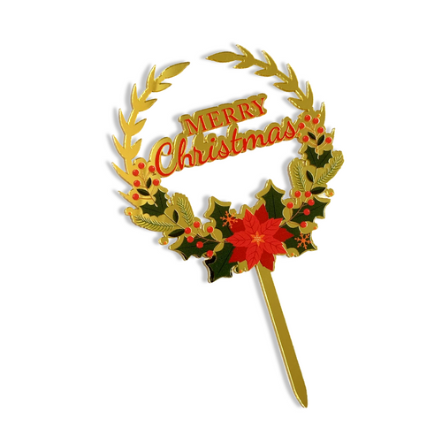 Acrylic Merry Christmas Cake Topper With Floral Round Red Letters Gold Party Decoration Design Idea