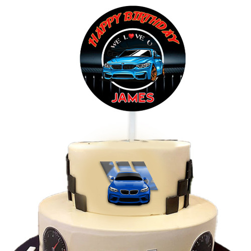 Name Personalised Customised Round Happy Birthday Acrylic Cake Topper for BMW Car Lovers Party Decoration Design