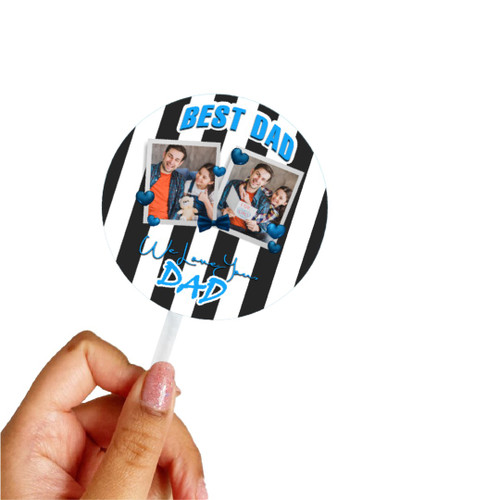 Personalised Round Fathers Day Acrylic Cake Topper with Custom Photo and Loving Message With Black White Stripe Design