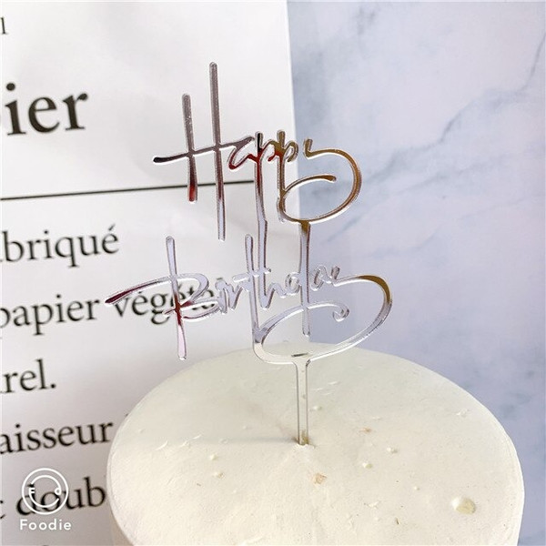 Acrylic Cake Topper For Any Age Happy Birthday Writing Silver Letters Party Decoration Design Idea