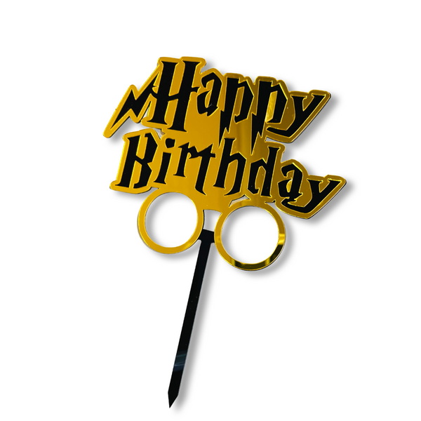 Acrylic Cake Topper For Harry Potter Lovers For Happy Birthday Party With Gold Glasses & Black Letters Decoration Idea