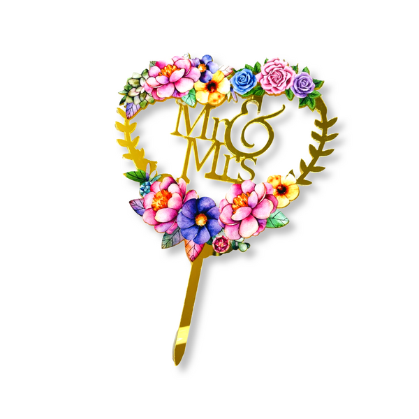 Acrylic Heart Shape Cake Topper For Engagement Wedding Anniversary With Floral Gold Mr & Mrs Party Design Idea