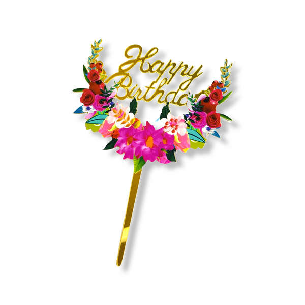 Acrylic Cake Topper For Happy Birthday With  Floral Design Gold Letters Party Decoration Baking Idea