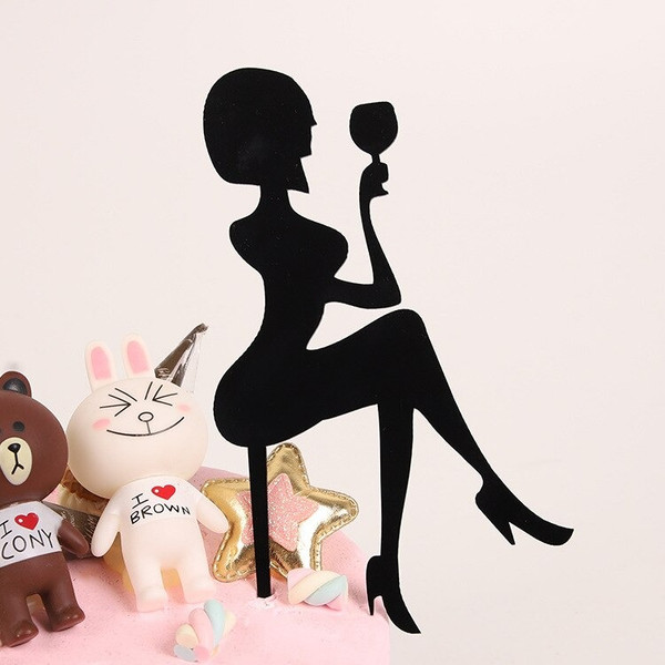 Acrylic Cake Topper For Happy Birthday With Black Siting Lady Figure Wine Glass Party Decoration Idea