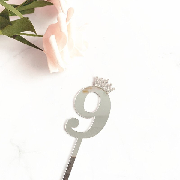 Acrylic Age Cake Topper Number Nine 9 Silver With Crown For Kids' Birthday Or Anniversary Party Decoration Idea