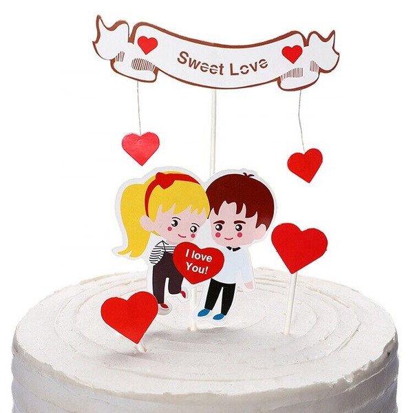 6 pcs Red Heart Paper Cake topper Sweet Love Banner Couple Valentine's Day Birthday Anniversary Party Decoration Design Idea