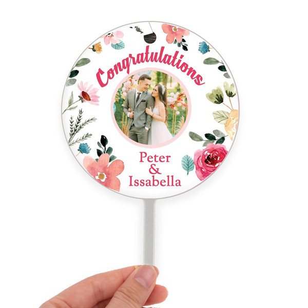 Photo Name Message Personalised Customised Round Floral Roses Design Acrylic Cake Topper for Birthday Anniversary Party Decoration 