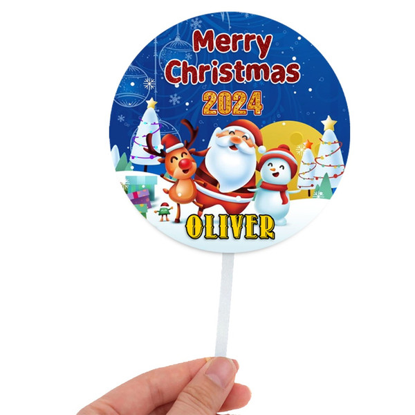 Year Name Personalised Customised Clear Round Merry Christmas Acrylic Cake Topper with Santa Claus for Xmas Party Decoration Design 4