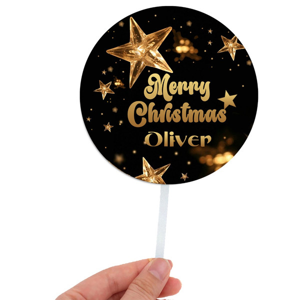 Name Personalised Customised Clear Round Merry Christmas Acrylic Cake Topper with Black Gold  Star for Xmas Party Decoration Design 7