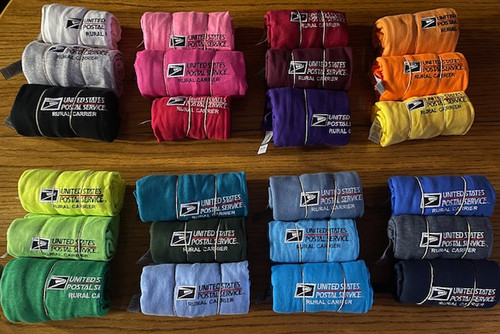 Here is a picture of the 24 colors of short sleeve shirts we now carry. We strive to keep at least 2 or 3 of each color and each size in stock. Please help us to fill your order the next day by selecting an alternate color if we happen to be out of stock on one of the shirts that you have ordered. Sorry for any inconvenience this may cause.